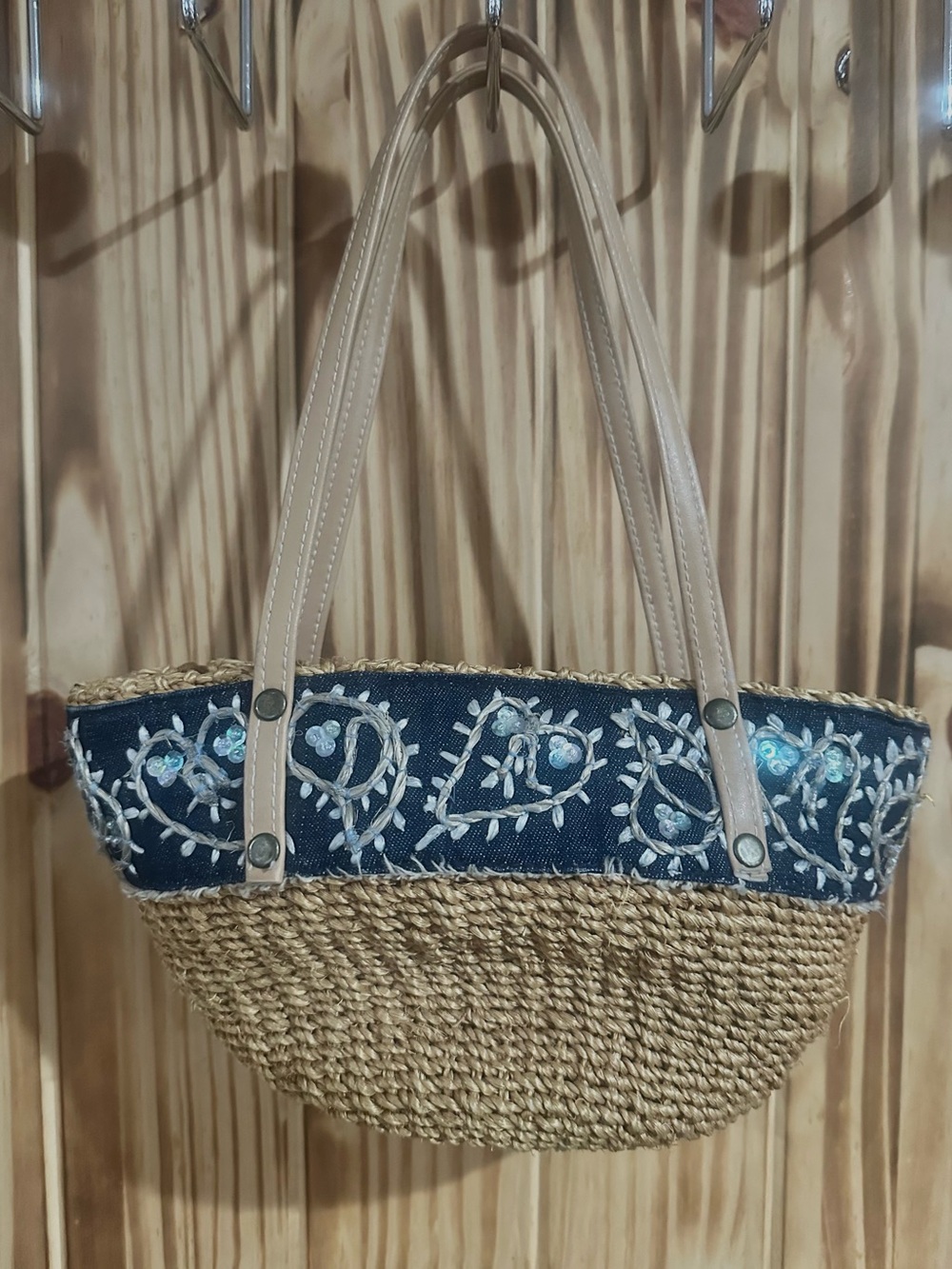 Q&A Embroidered Navy & Natural Straw small handbag purse